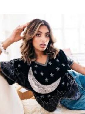 House of Skye Luna Blouse Cosmic Night Moon Star Navy Velvet Top Size L/XL NWT